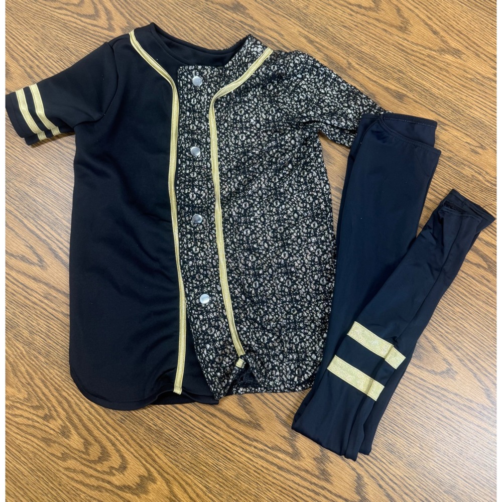 Weissman Kids MC Black Gold Metallic Lace Baseball Jersey Dance Costume Set